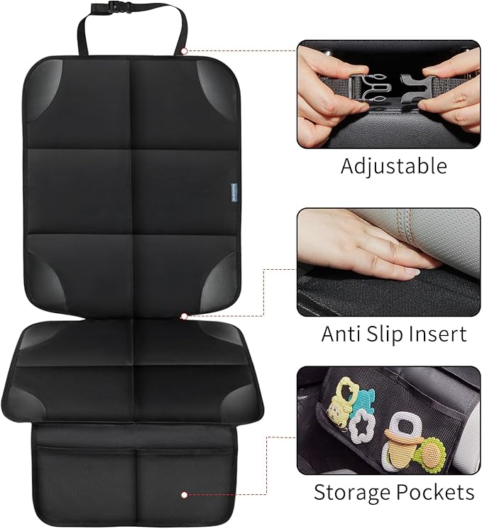 Car Seat Protector for Child Carseat, 1 Pack Protect Car Seat Cover for Baby with Thickest Padding and Non-Slip Padded Backing Mesh Pockets Kids Pets Car Back Seat Protectors(Black)-BubblyBeeBaby