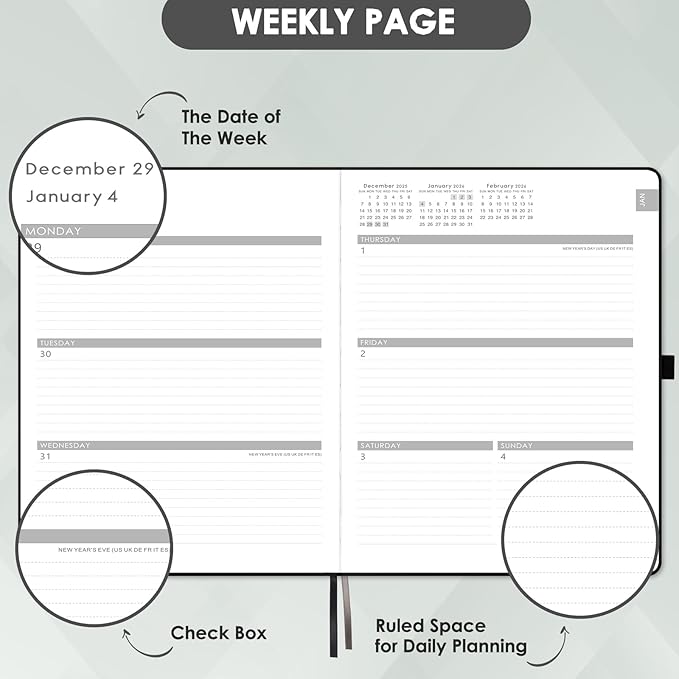 2026 Planner - 2026 Planner Weekly and Monthly, JAN 2026 - DEC 2026, Calendar Planner with Hardcover,Thick Paper, Back Pocket, Notes Pages, Pen Loop (9" x 11") - Black-BubblyBeeBaby
