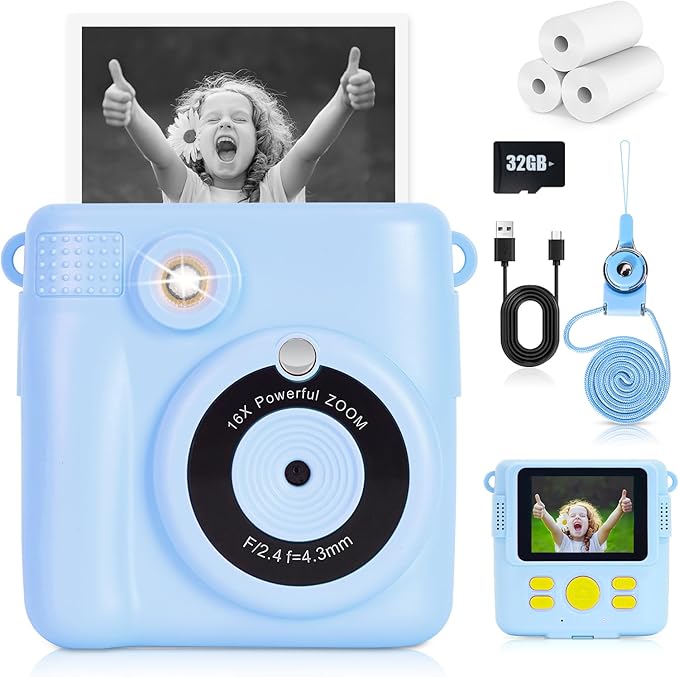 Instant Print Camera for Kids - 2.4 Inch Kids Camera Instant Print with Paper & 32G Card- Digital Children Toys as Christams Birthday Gifts for Girls Boys Age 3-12 - Blue-BubblyBeeBaby