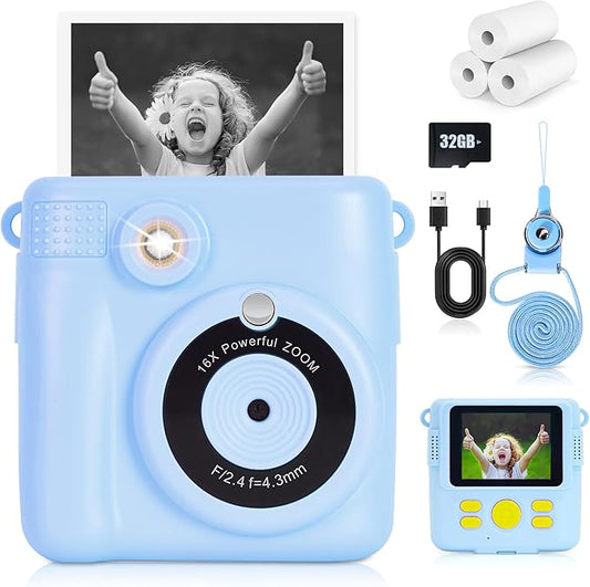 Instant Print Camera for Kids - 2.4 Inch Kids Camera Instant Print with Paper & 32G Card- Digital Children Toys as Christams Birthday Gifts for Girls Boys Age 3-12 - Blue-BubblyBeeBaby