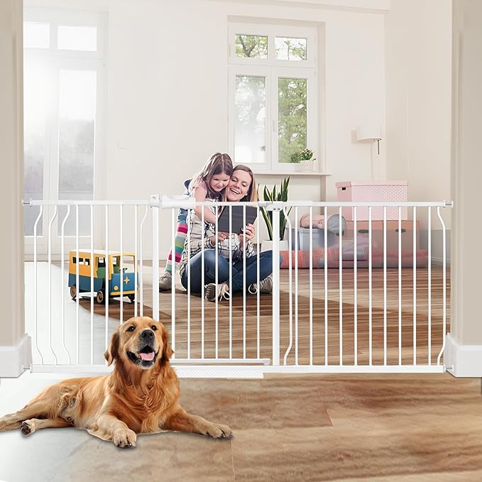 HOOEN 30" Tall Extra Wide Baby Gate for Doorways Stairs Large Long Dog Gates Pressure Mounted Indoor Safety Gates Walk Through Toddler Child Gates for Kids or Pets (White,76.38"-86.3")-BubblyBeeBaby