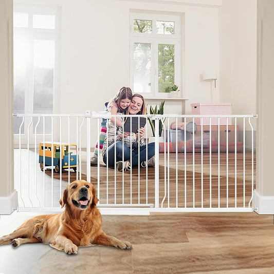 HOOEN 30" Tall Extra Wide Baby Gate for Doorways Stairs Large Long Dog Gates Pressure Mounted Indoor Safety Gates Walk Through Toddler Child Gates for Kids or Pets (White,76.38"-86.3")-BubblyBeeBaby