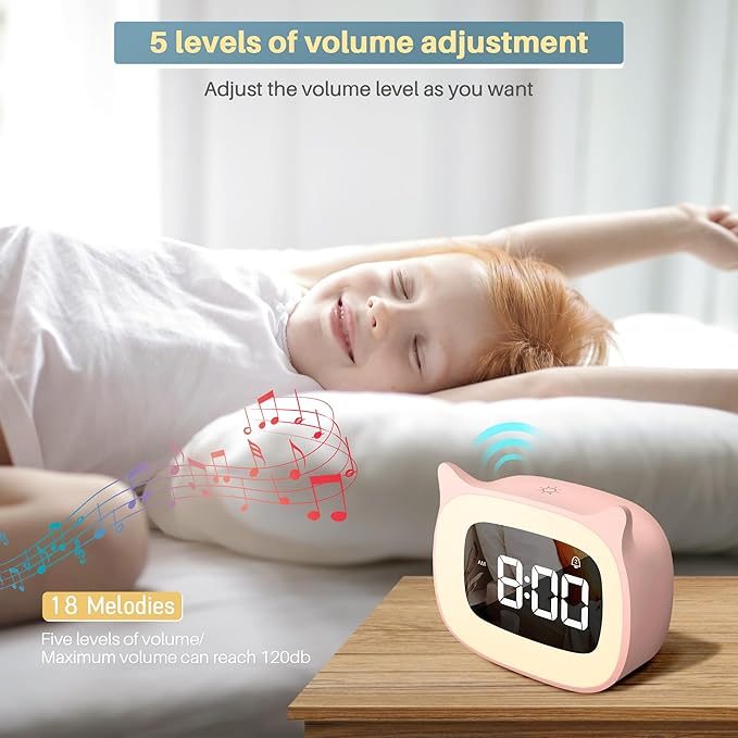 Kids Alarm Clock with Night Light & 18 Ringtones,Rechargeable,Cute Cat Ear Clock for Boys Girls Birthday Presents,Digital Clock for Children's Bedroom(Pink)-BubblyBeeBaby