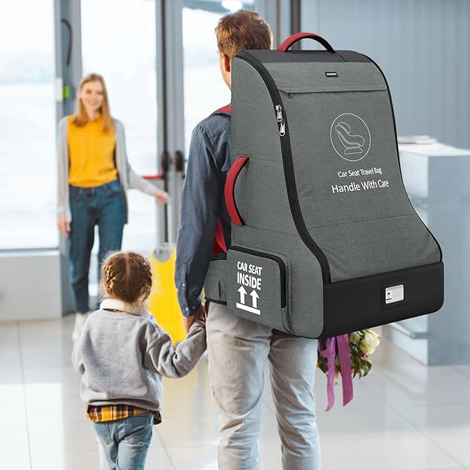 RAINSMORE Padded Car Seat Travel Bag for Airplane Heavy Duty Car Seat Backpack for Air Travel Baby Carseat Cover Bags for Airport Large Car Seats Carrier Fits Car Seats & Booster Seats,Gray-BubblyBeeBaby