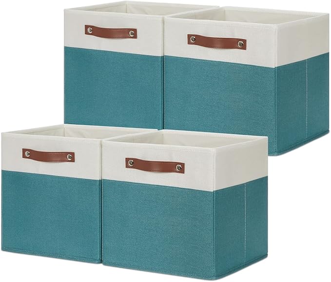 HNZIGE Storage Cubes Bins for Organization Set of 4, Fabric Storage Cube 12 x12, Collapsible Storage Bins Basket Cube with Handles, Canvas for Organizing Shelf Home Nursery(Teal White)-BubblyBeeBaby