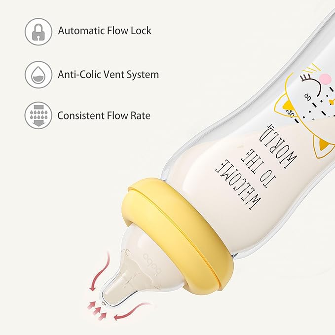YOHKOH Natural Glass Baby Bottle with Natural Response Nipple, Newborn Anti-Colic Baby Bottles, Wide Neck Mushroom Cap Baby Bottle, Clear (8.8ounce (Pack of 2), Yellow1)-BubblyBeeBaby