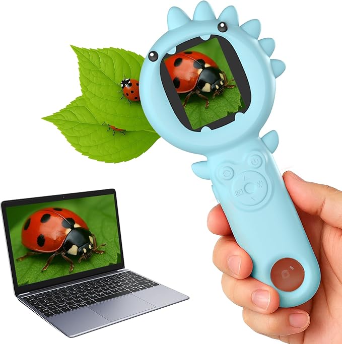 2-in-1 Microscope Camera for Kids, Mini Handheld Microscope Supporting Multiple Viewing Angles, Outdoor Educational Science Adventure Toys, Birthday Gifts for 3-10 Years Old Boys Girls, Blue Dinosaur-BubblyBeeBaby