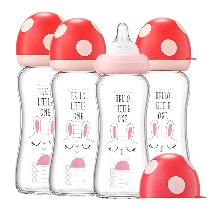 YOHKOH Natural Glass Baby Bottle with Natural Response Nipple, Newborn Anti-Colic Baby Bottles, Wide Neck Mushroom Cap Baby Bottle, Clear (8.8ounce (Pack of 4), Red1)-BubblyBeeBaby