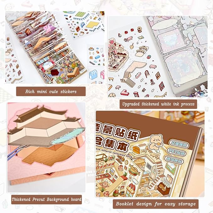 20 Sets DIY 3D Sticker Scenes for Adults Relief Stress, Cute Kawaii 3D House Sticker Therapy for Women Teen Girls Kids Pass The Time, Make Your Own Mini Room Scene Collection Book with Tweezer-BubblyBeeBaby