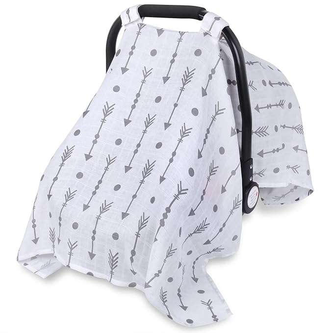 Rquite Car Seat Covers for Babies, 100% Muslin Carseat Cover Boys Girls, Lightweight Infant Car Seat Canopy, Soft Breathable Baby Carrier Cover, Summer Stroller Cover (Grey Arrow)-BubblyBeeBaby
