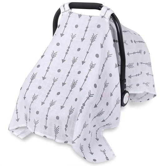 Rquite Car Seat Covers for Babies, 100% Muslin Carseat Cover Boys Girls, Lightweight Infant Car Seat Canopy, Soft Breathable Baby Carrier Cover, Summer Stroller Cover (Grey Arrow)-BubblyBeeBaby