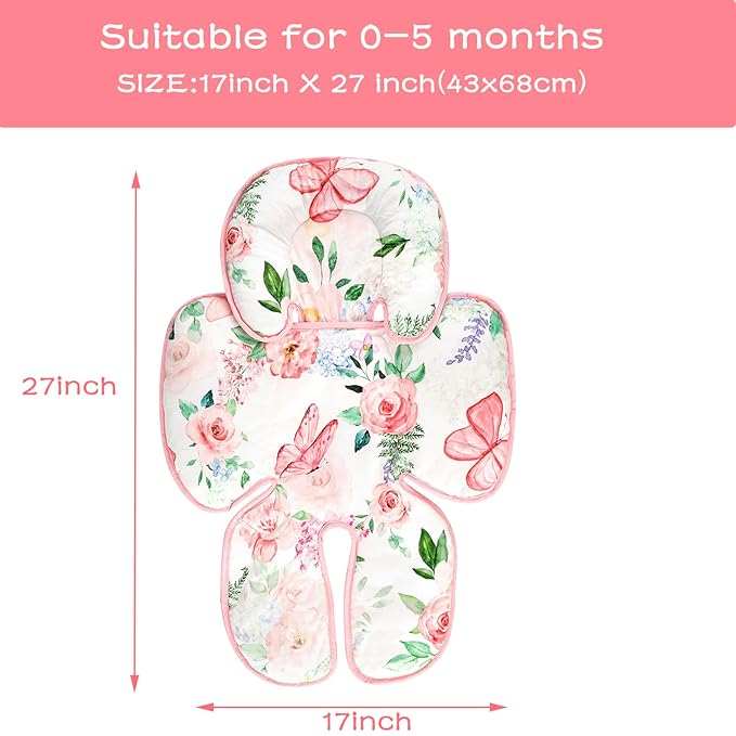 2 in 1 Infant Car Seat Insert, Adjustable Car Seat Head Support Baby Girls Boys, Soft Newborn Carseat Insert Cushion, Perfect for Carseats, Strollers, Swings (Pink Flower)-BubblyBeeBaby