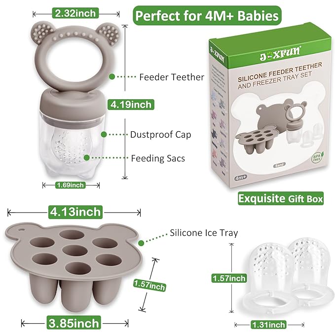 JEXFUN Silicone Baby Fruit Food Feeder Pacifier & Breastmilk Popsicle Freezer Molds, Double as Baby Teething Toys, Freezable Feeding Set for Breast Milk Ice Cubes, Food, Vegetable Purees - (Sand)-BubblyBeeBaby