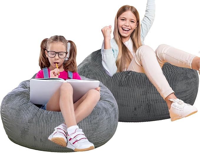 2 Pcs Classic Bean Bag Chair, with Faux Rabbit Fur Cover for Teens and Kids, Memory Foam Bean Bag Chairs, Ultra Soft Faux Fur Fabric, 2.5 feet Round Fluffy Bean Bag Sofa-BubblyBeeBaby