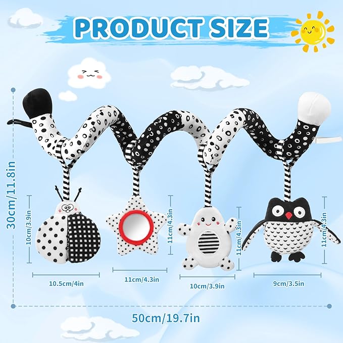 High Contrast Baby Toys - Black & White Hanging Toys for Car Seat, Stroller & Crib | Newborn Essentials 0-6 Months | Perfect-BubblyBeeBaby