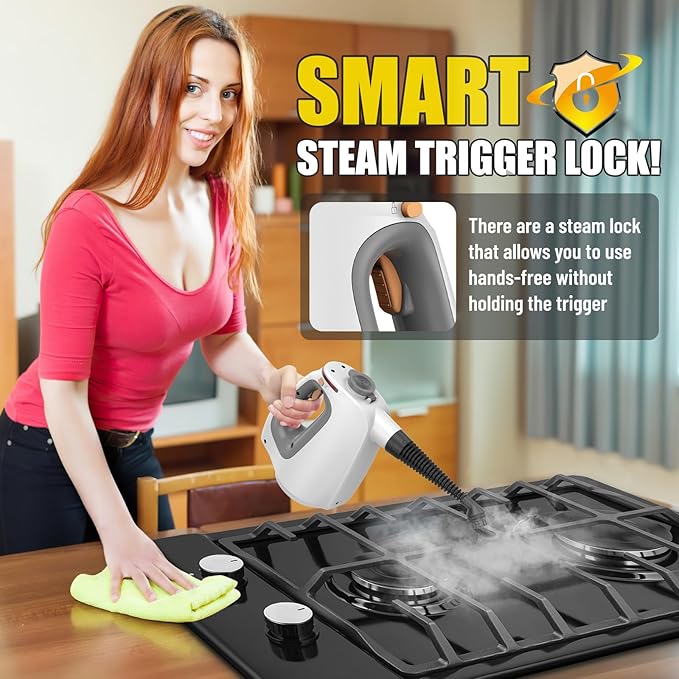 Heavy Duty Handheld Steam Cleaner for Cleaning with Lockable Steam Button&11pcs Accessories, Unlimited Water Addition for Continuous Steaming, Multi-Purpose Steamer for Cleaning Car, Grout (grey)-BubblyBeeBaby