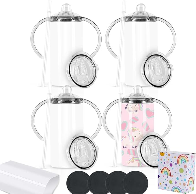 12 Oz Sublimation Sippy Cup 4 Pack, Kids Sublimation Sippy Tumblers, Stainless Steel Sublimation Todder Water Bottle-BubblyBeeBaby