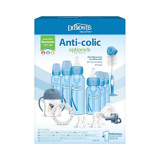 Dr. Brown's Natural Flow Anti-Colic Options+ Special Edition Blue Baby Bottle Gift Set with Soft Sippy Spout Transition Cup, Flexees Teether, Bottle Cleaning Brush and Travel Caps-BubblyBeeBaby