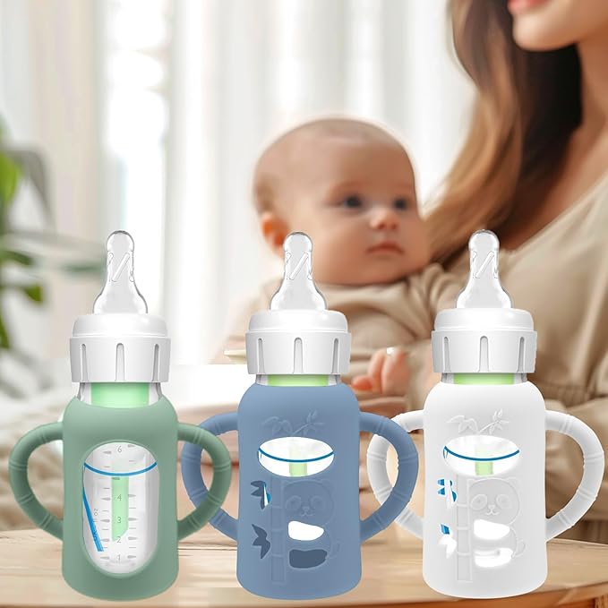 3 Pack Silicone Sleeves for Dr. Brown's Glass Baby Bottles - Drop Protection Baby Bottle Sleeves,Compatible with Dr. Brown's Newborn Glass Bottles,with Silicone Handles,4 oz-BubblyBeeBaby