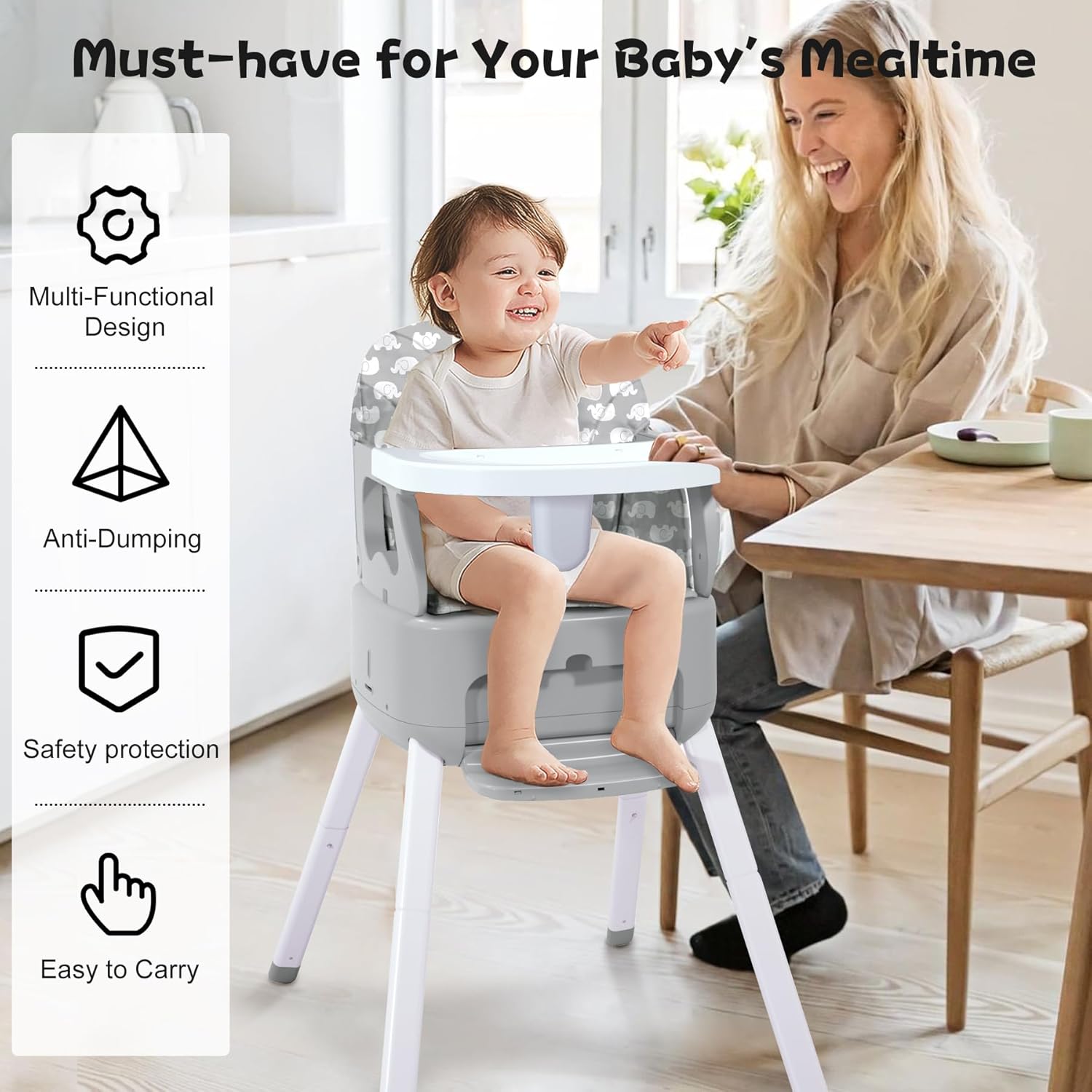 4 in 1 Portable Baby Highchair Convertible Highchair for Babies and Toddlers - Foldable Carry Small Box, High Chair, Infant Booster Seat, Dining Chair, Easy to Carry and Store (Grey)