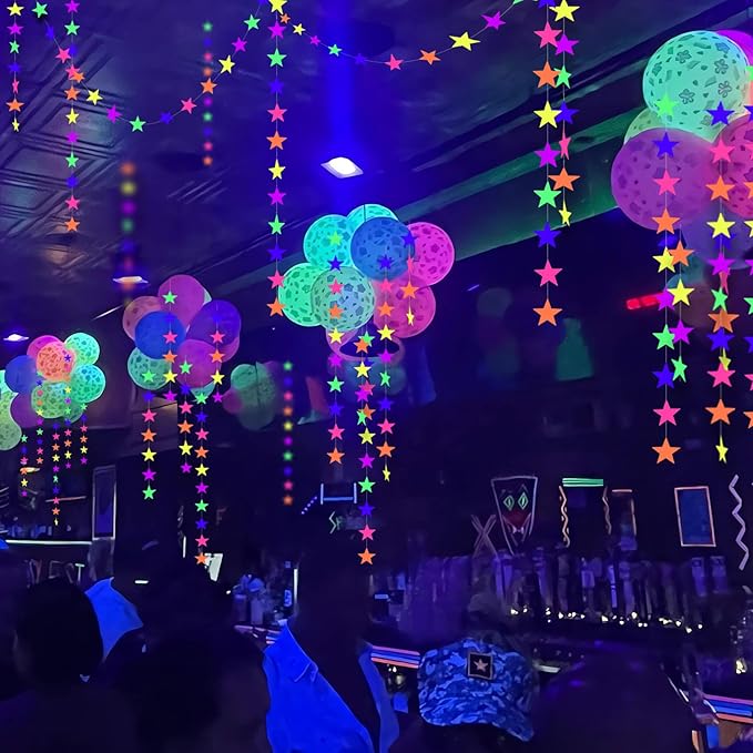 108feet UV Neon Paper Star Garland Glow in The Dark Streamers for neon Party Supplies UV Fluorescent Reactive Paper Star Banner for Wedding Birthday Glow in The Dark Party Favors Neon Party Decor…-BubblyBeeBaby