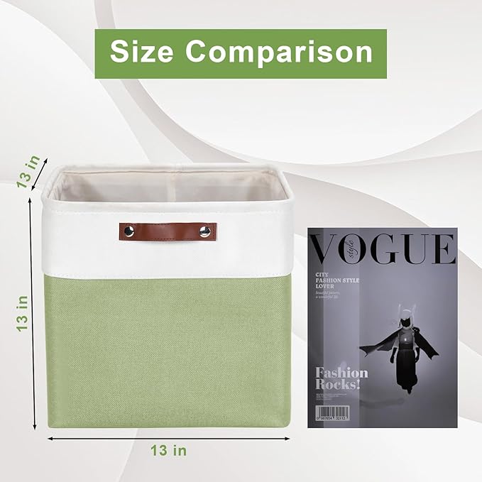 13x13 Cube Storage Bins, Collapsible Fabric Storage Box, 4 Pack Closet Baskets with Handles for Organizing, Shelf, Toys, Clothes, Home, Office, Nursery (Green&White)-BubblyBeeBaby