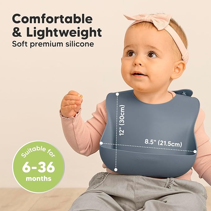 KeaBabies 2-Pack Silicone Baby Bibs for Eating - Sturdy Food-Grade Silicone Bibs for Babies Girl, Boy, Large Food Catcher, Clean & Put On Easily, Waterproof Toddler Feeding Essentials (Slate)-BubblyBeeBaby