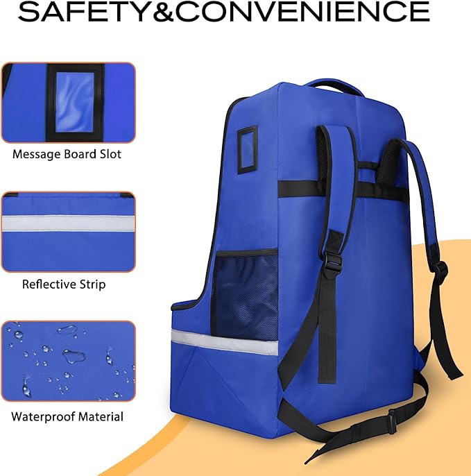 Car Seat Travel Bag for Airplane, Infant Seat Carrier with Shoulder Strap, Padded Backpack with Reflective Stripes, Blue-BubblyBeeBaby