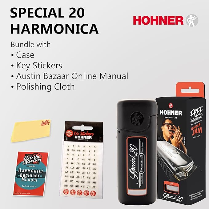 Hohner Special 20 Harmonica - Key of C Bundle with Key Stickers, Plastic Case, Instructional Manual, and Austin Bazaar Polishing Cloth-BubblyBeeBaby