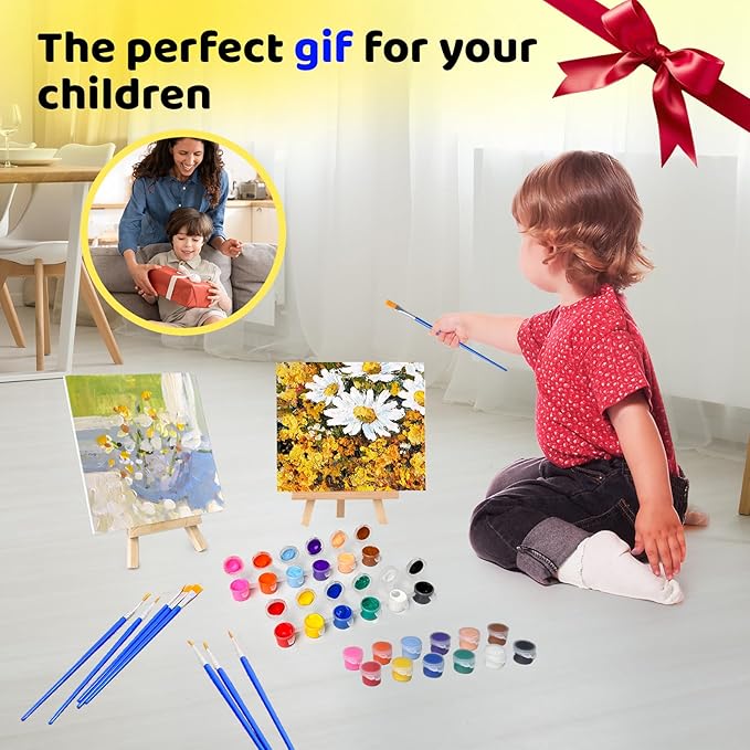 10 Set Mini Acrylic Paint Kit, 5.9In Canvas Boards for Painting with 6.5" Easel, Acrylic Paint Strips, Painting Brushes, Mini Canvas and Easel Set for Kids Artists Beginner Gift Party (160)-BubblyBeeBaby
