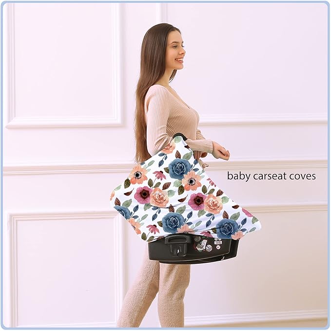 Car Seat Covers for Babies - Multi- use Nursing Carseat Canopy, Breastfeeding Covers, Baby Shower Gifts for Boys and Girls (Colourful Rose)-BubblyBeeBaby