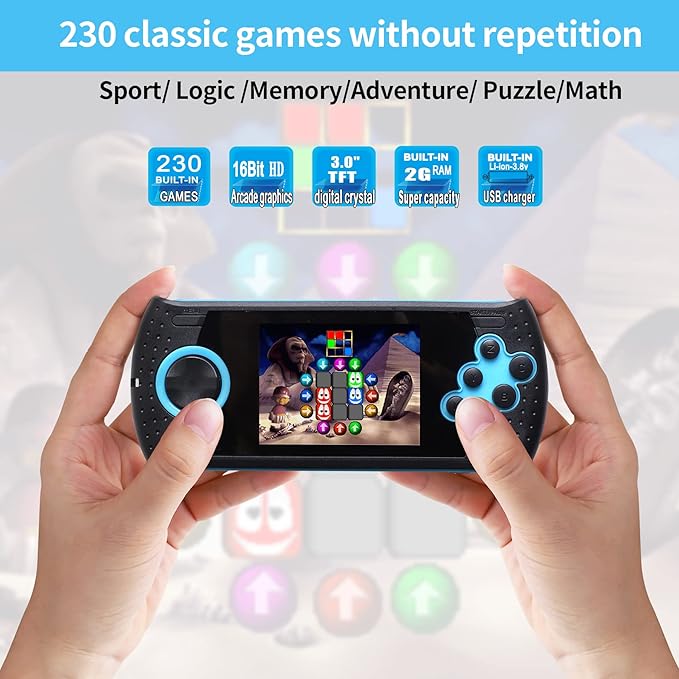 16 Bit Handheld Game for Kids Built-in 230 HD Classic Retro Video Games USB Rechargeable 3.0 Inch Childrens Travel Electronics Toys Portable Gaming Player System Gift for Boys Girls Ages 4-8-12-BubblyBeeBaby
