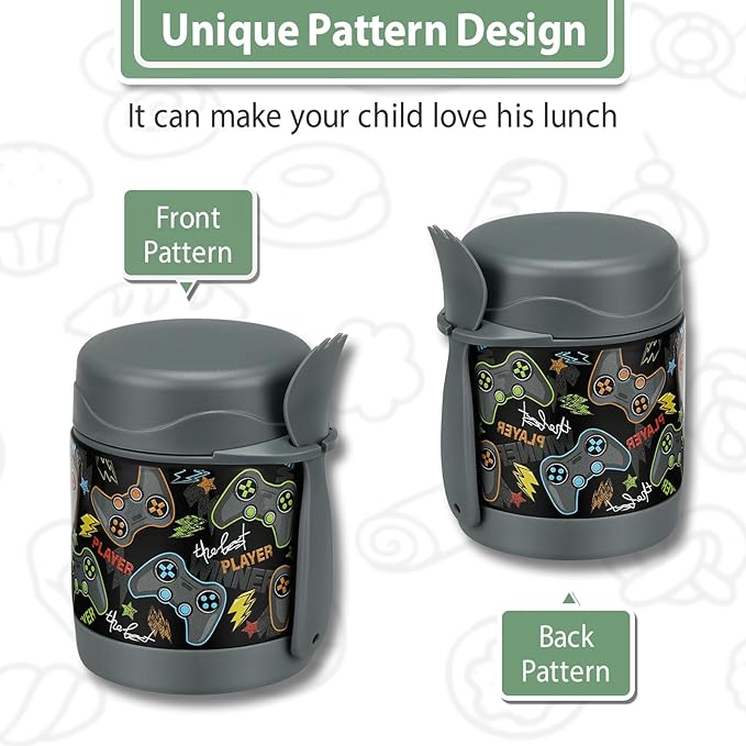 10oz Soup Thermo for Hot Food Kids,Lunch Thermo Kids Food Jar with Spoon Hot Insulated Food Containers,Leak Proof Stainless Steel Wide Mouth Lunch Food Thermo Jar for School(Black-Game Console)-BubblyBeeBaby