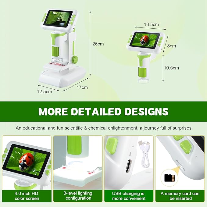 1600X Digital Microscope for Kids, Upgraded Portable Microscope with 4.0 inch HD Screen, 2-in-1 Desktop Handheld Miniscope Rechargeable Student Education Science Microscopes Gift for Kids-BubblyBeeBaby
