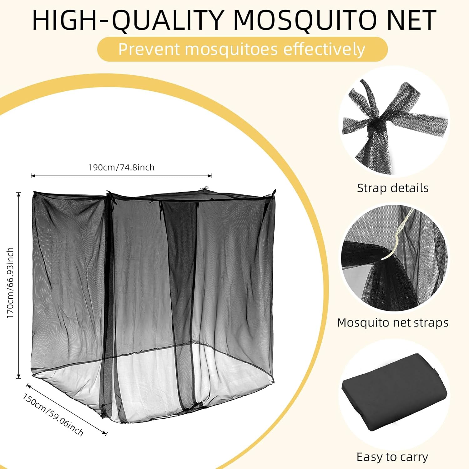4 Corners Mosquito Net for Mosquiteros para Camas Bed Canopies Netting Bed Drapes Rectangular Mosquito Mesh for Camping Home Outdoor Travel(Black,L75 X W79 X H67 Inch,Opening)