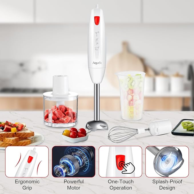 Immersion Blender 4 in 1, 16000rpm Speed, 400W Turbo Motor & Ergonomic Grip Hand Blender Set, Splash-Proof Stainless Steel Blades, for Soup, Baby Food, Smoothies, Sauce (Red+Ivory)-BubblyBeeBaby