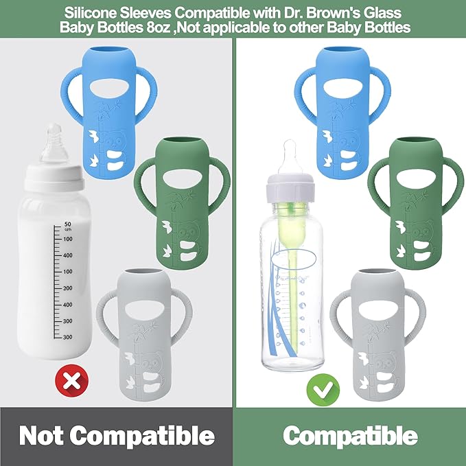 BUSOHA 3 Pack Silicone Sleeves for Dr. Brown's Glass Baby Bottles - Drop Protection Baby Bottle Sleeves Compatible with Dr. Brown's Newborn Glass Bottles with Silicone Handles,8 oz-BubblyBeeBaby