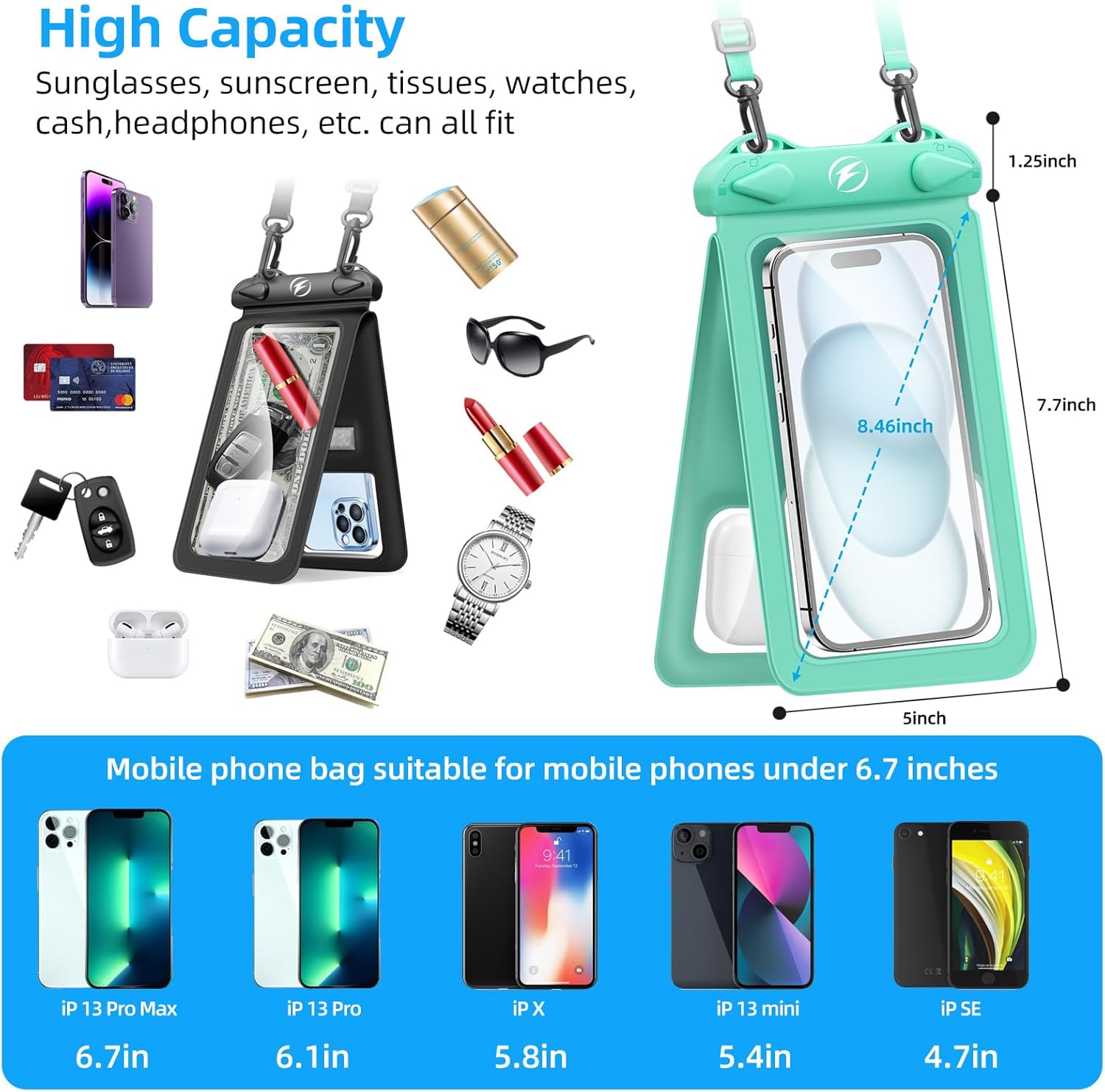 Waterproof Phone Pouch [3-Pack] Double Space Waterproof Phone Case with Adjustable Lanyard Water proof Cell Phone Pouch for iPhone IPX8 Underwater Phone Cases Phone Dry Bag for Vacation Beach Swimming