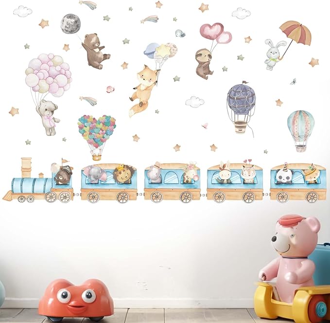 Hot Air Balloon Animal Wall Decals - Elephant Lion Giraffe Train Animal Wall Stickers - Baby Nursery Kids Girls Bedroom Daycare Wall Decor-BubblyBeeBaby