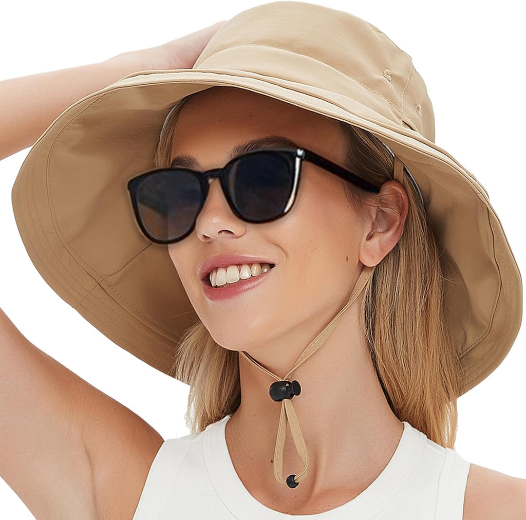 Sun Hats for Women Men UV Protection Wide Brim Bucket Hat with Ponytail Hole Waterproof Gardening Fold-Up Summer Cap