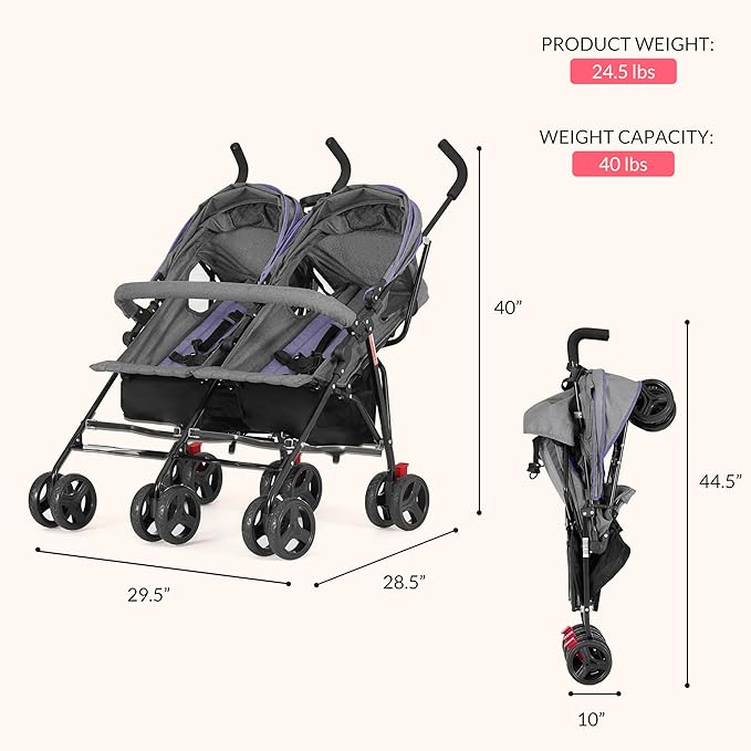 Dream On Me Volgo Twin Umbrella Stroller in Purple, Lightweight Double Stroller for Infant & Toddler, Compact Easy Fold, Large Storage Basket, Large and Adjustable Canopy-BubblyBeeBaby