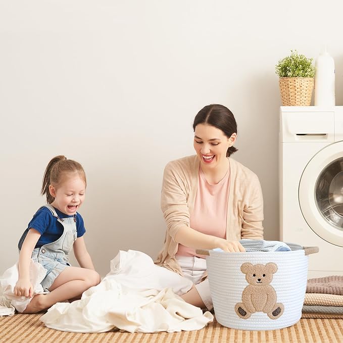 INough Cotton Rope Basket Toy Storage Baskets for kids Laundry Hamper, Gift Basket Empty Baby Shower Baskets with Handles, Cute Bins Blanket Stuffed Animal Storage for Nursery, Living Room Decor, Bear-BubblyBeeBaby