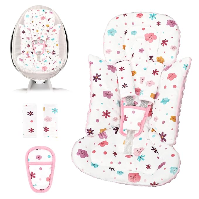 Infant Car Seat Insert with 3 Strap Covers, 3 in 1 Reversible Floral Baby Car Seat Head Support for Newborn, Baby Girl Newborn Essentials for Preemie to Infant, Stroller, Swing, Bouncer (Pink)-BubblyBeeBaby