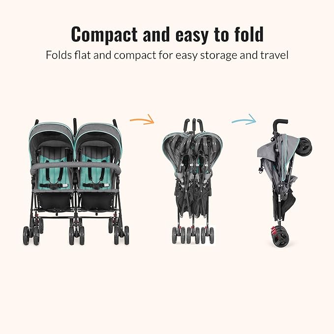 Dream On Me Volgo Twin Umbrella Stroller in Mint, Lightweight Double Stroller for Infant & Toddler, Compact Easy Fold, Large Storage Basket, Large and Adjustable Canopy-BubblyBeeBaby
