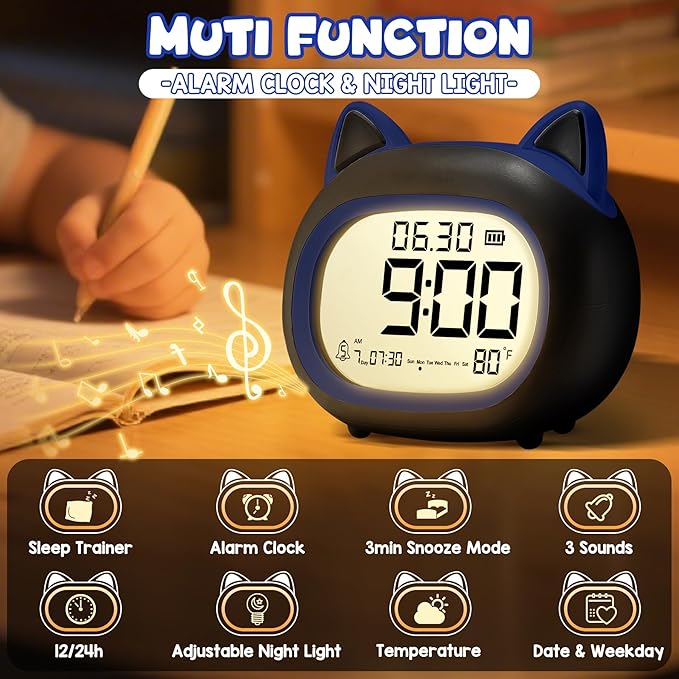 Kids Alarm Clock with Night Light for Kids, Small Digital Alarm Clocks for Bedrooms, Routine Builder, Cute Cat Alarm Clock with Sleep Training, Snooze, 12/24H, Date & Day, Temperature, USB Port-BubblyBeeBaby