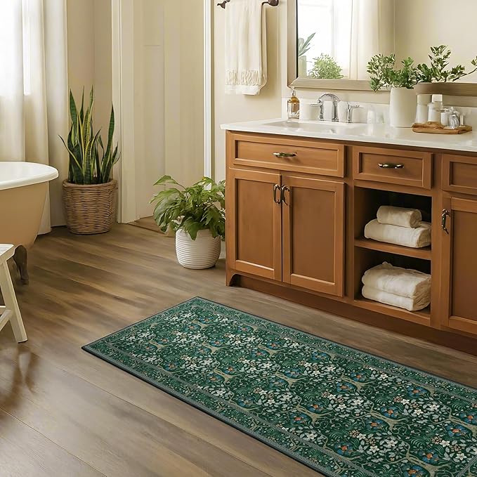 Joydeco Washable Runner Rug Non Slip, Floral Kitchen Carpet Runner 2x6, Soft Low-Pile Botanical Forest Indoor Floor Door Mat for Hallway Bathroom Entryway Laundry Room, Dark Green-BubblyBeeBaby