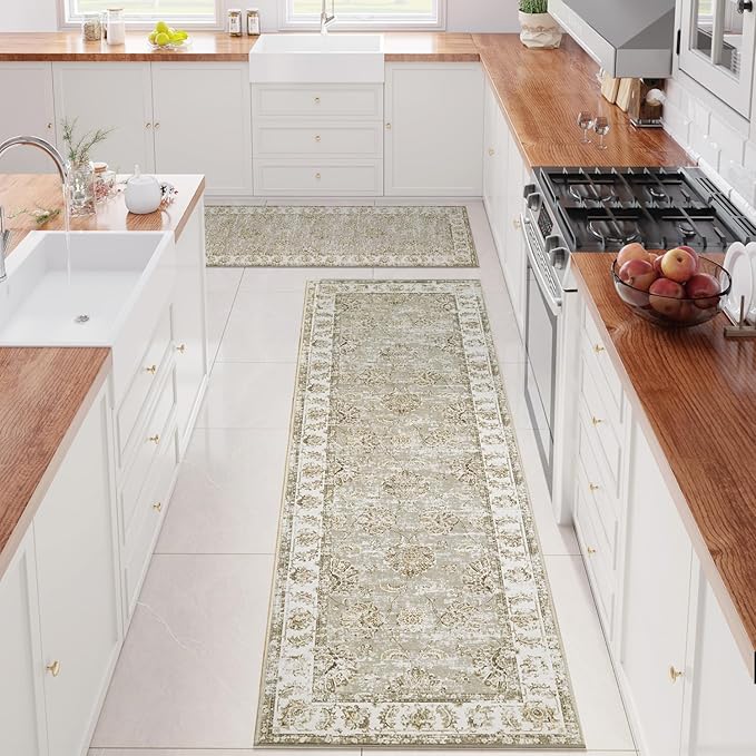 jinchan Runner Rug 3x8-2pcs Kitchen Washable Vintage Hallway Rug Floral Print Floor Cover Indoor Thin Retro Mat Accent for Bathroom Laundry Room Bedroom Office Farmhouse (Double,Taupe)-BubblyBeeBaby