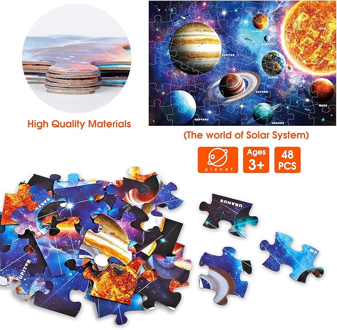 Jumbo Floor Puzzle for Kids Ages 4-8,Solar System Jigsaw Puzzles,48 Piece Space Large Puzzles for Toddler Ages 3-5,Preschool Learning Planets Toys Christmas Birthday Gift for Boys Girls-BubblyBeeBaby