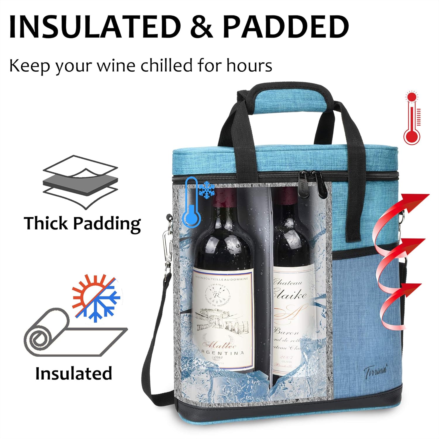 Tirrinia Insulated Wine Gift carrier - 3 Bottle Travel Padded Wine Carry Cooler Tote Bag with Handle and Adjustable Shoulder Strap, Blue