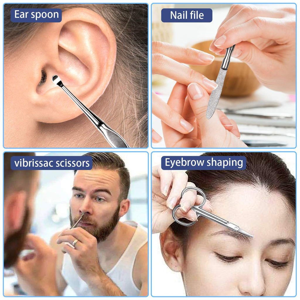 Manicure Pedicure Kit Nail Clippers Set Fingernails & Toenails Vibrissac Scissor 5 Pieces Best Care Tools for Man & Women with Travel Case (Gray/Black_A) (Primary Color of Stainless Steel_A)